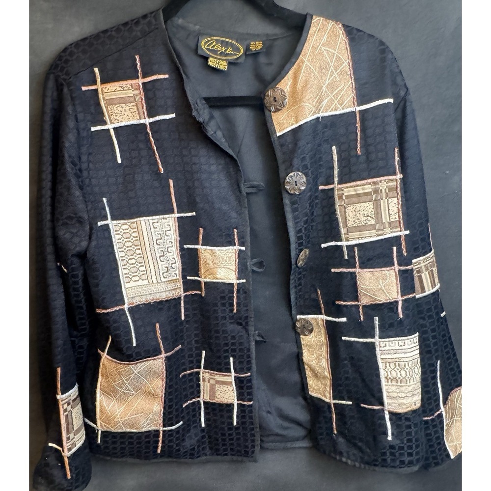 Vintage Alex Kim Black Tapestry Patchwork Art‎ Jacket Cotton Embroidered SMALL